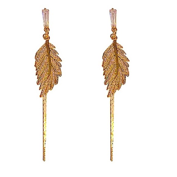 Leaf Tassel Zircon Gold Plated Earrings - Picture 3 of 3